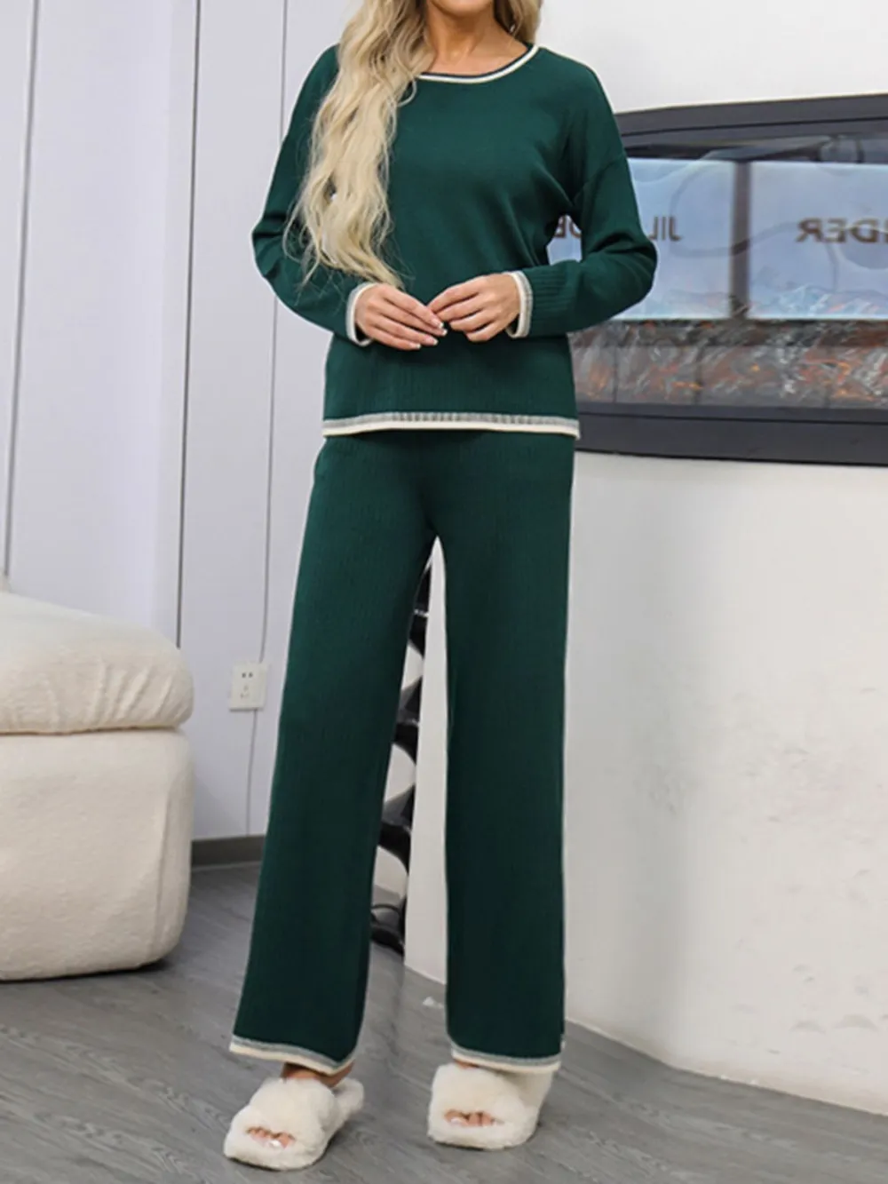 Contrast Trim Round Neck Top and Pants Sweater Set, image 4
