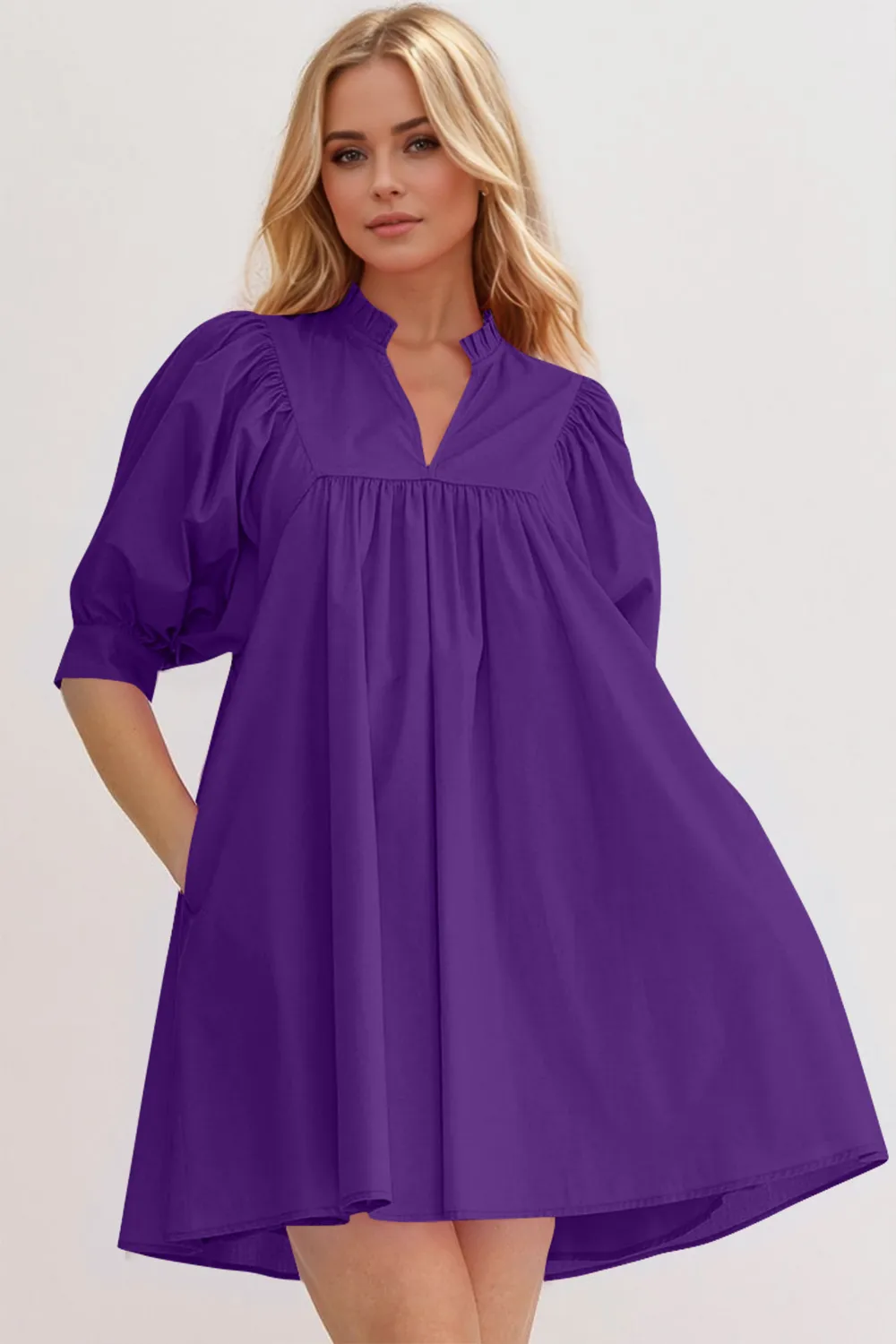 Frill Notched Puff Sleeve Babydoll Mini Dress, image 4