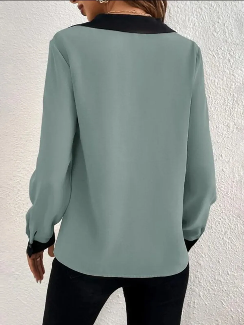 Contrast Trim V-Neck Long Sleeve Blouse, image 9
