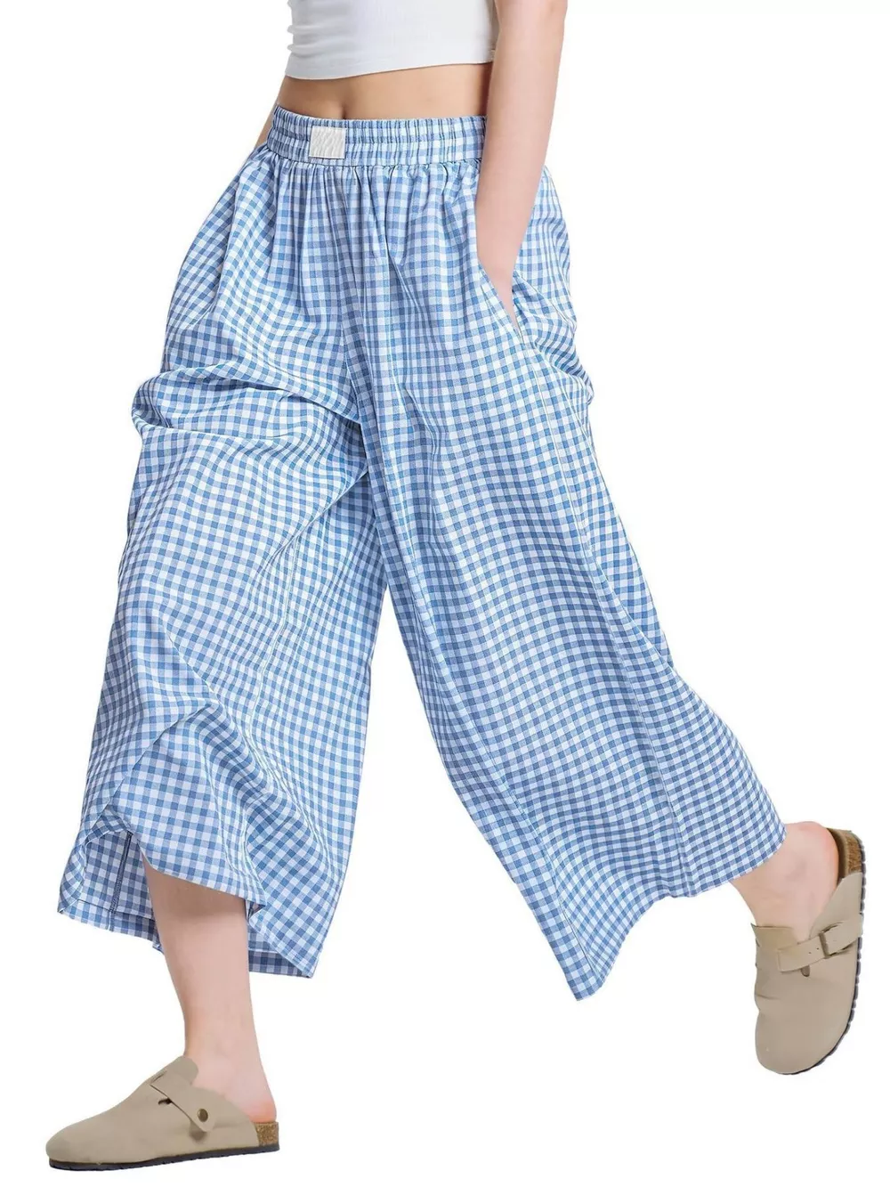 Gingham Wide-Leg Cropped Pants, image 5
