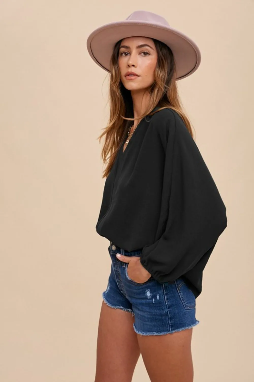 Notched Batwing Sleeve Blouse, image 3