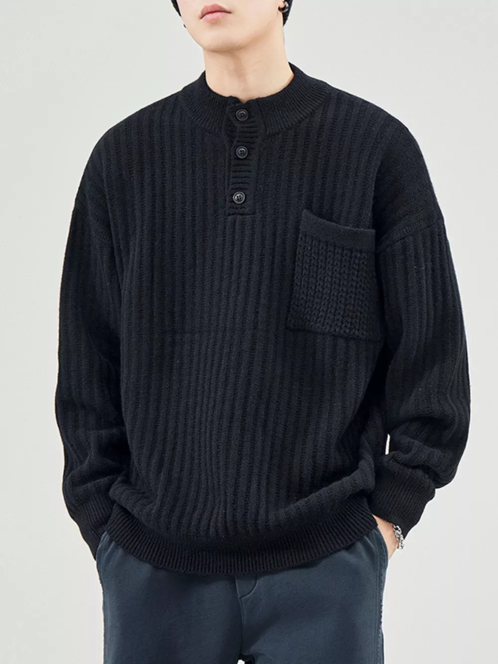 Men's Full Size Button Detail Long Sleeve Sweater Plus Size, image 4
