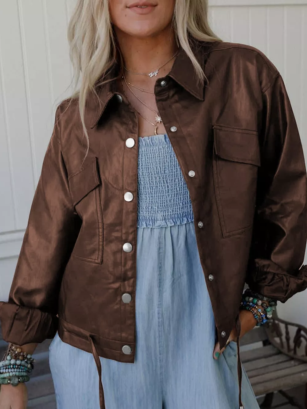 Double Flap Pocket Drawstring Hem Leather Jacket, image 4