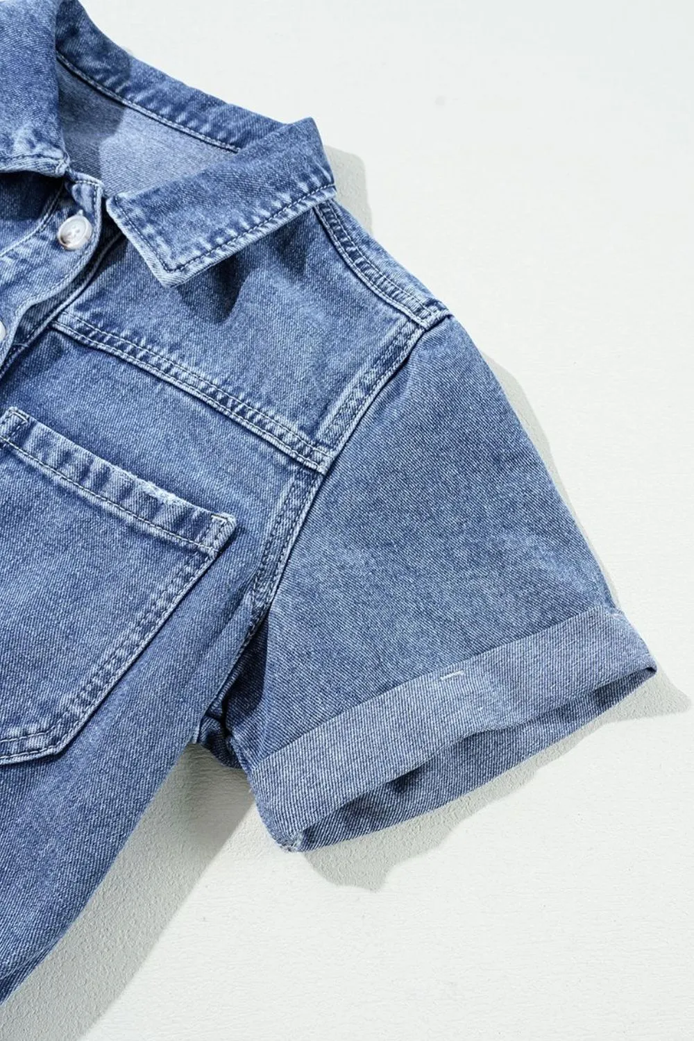 Chest Pocket Front Buttoned Folded Edge Denim Short Sleeve Romper, image 10
