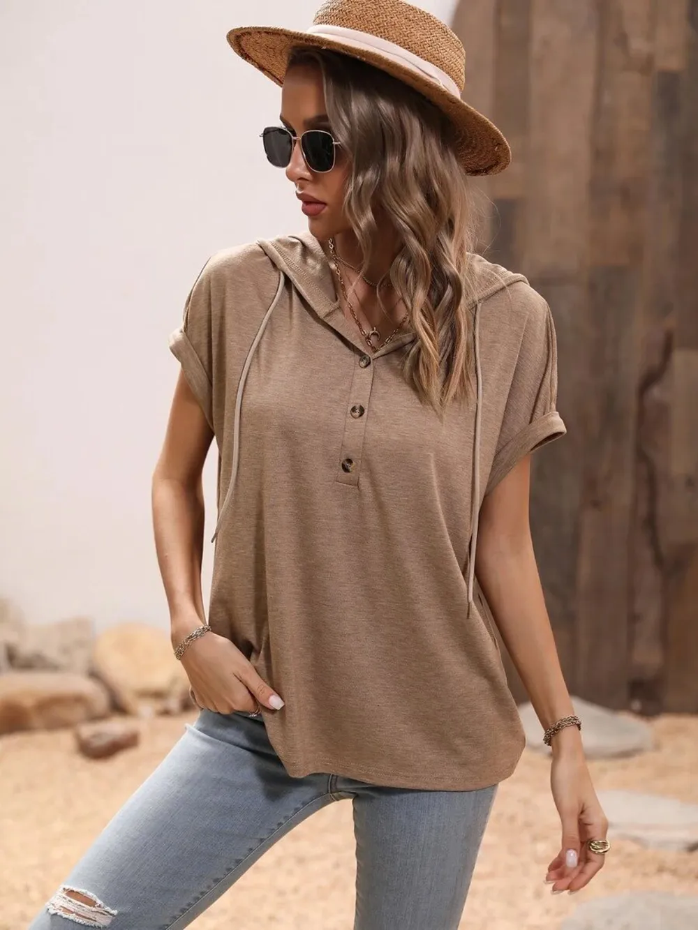 Half Button Hooded Short Sleeve Blouse, image 16
