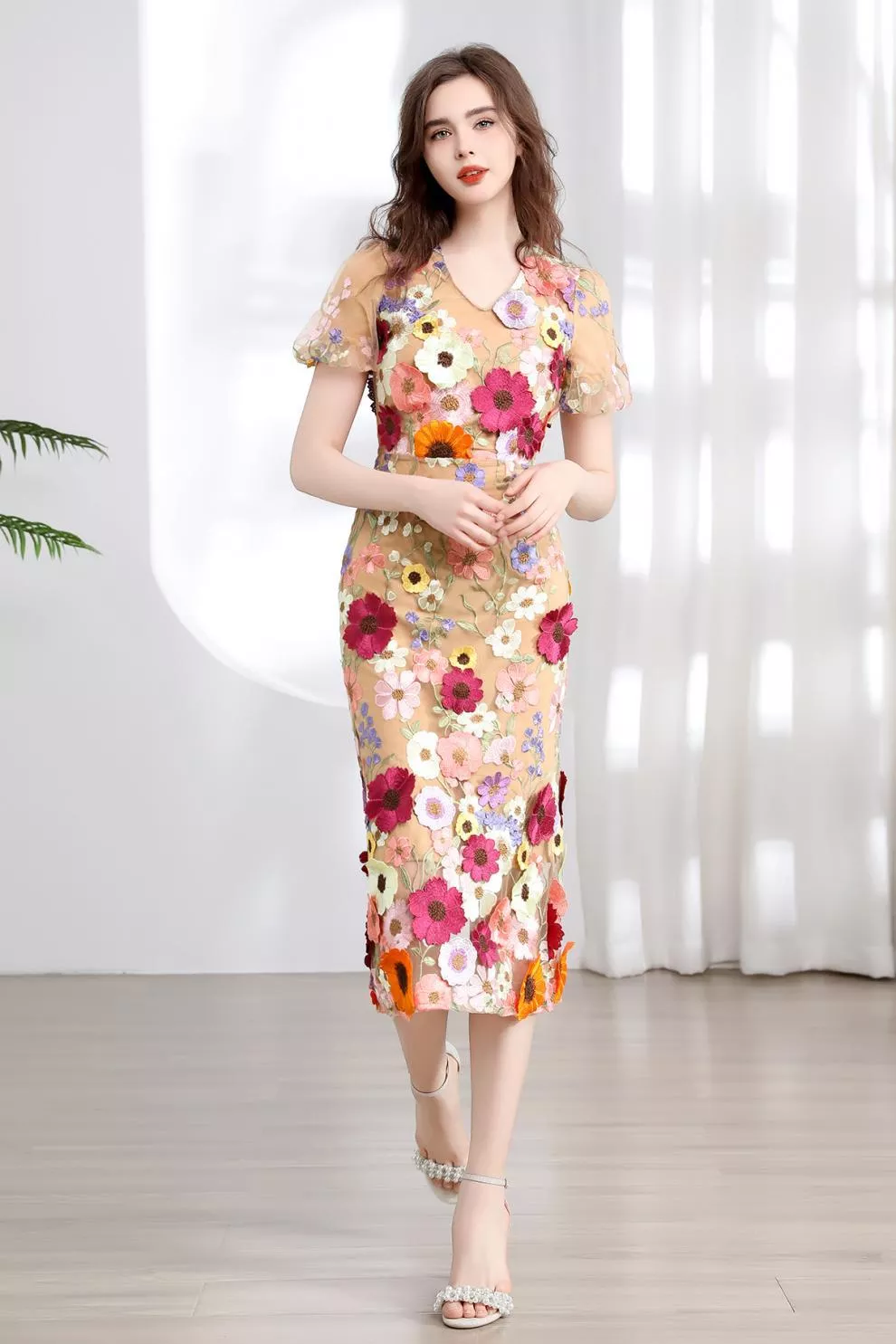 Floral Embroidered Puff Sleeve Midi Dress, image 33