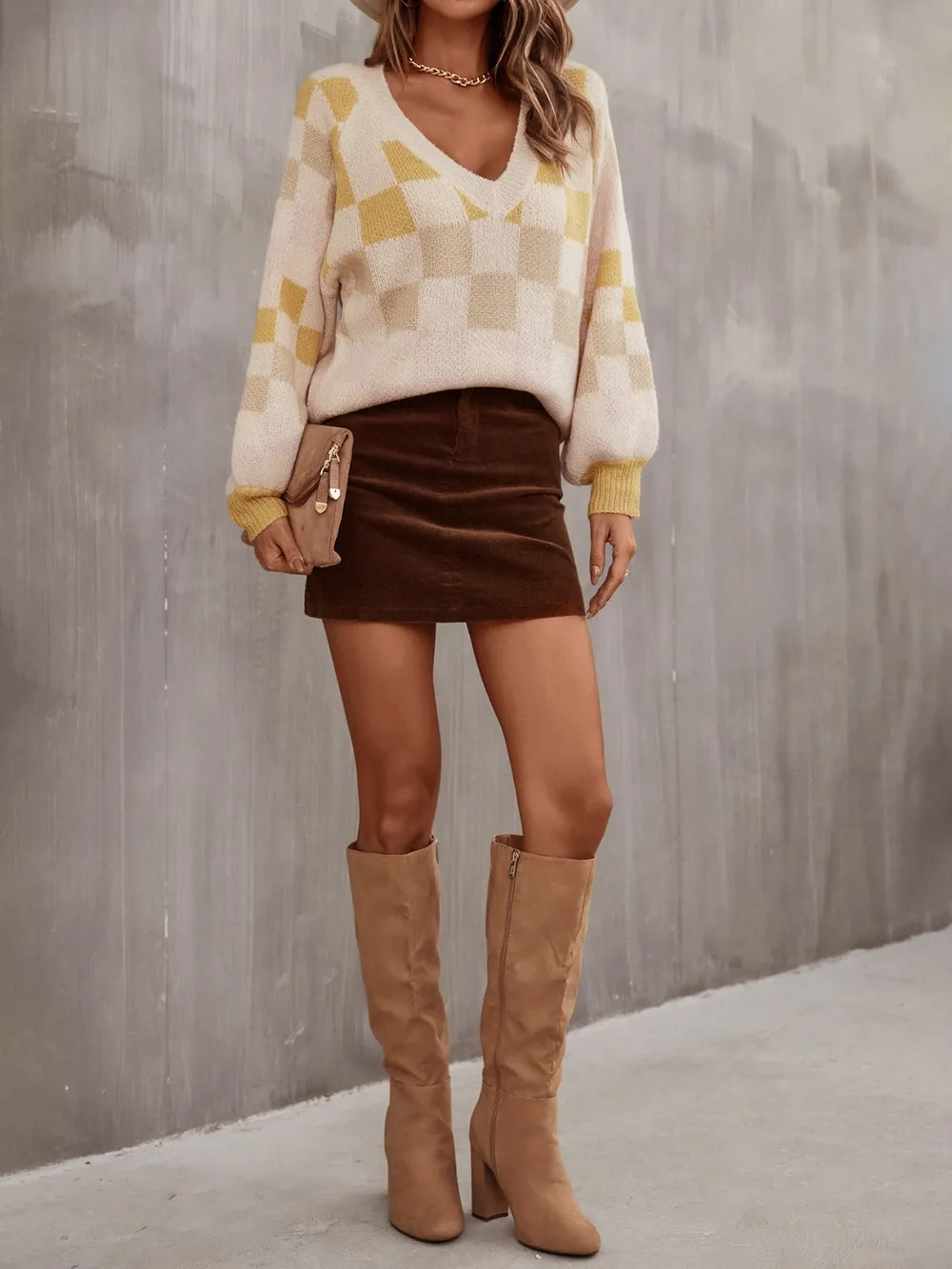 Checkered V-Neck Lantern Sleeve Sweater, image 7