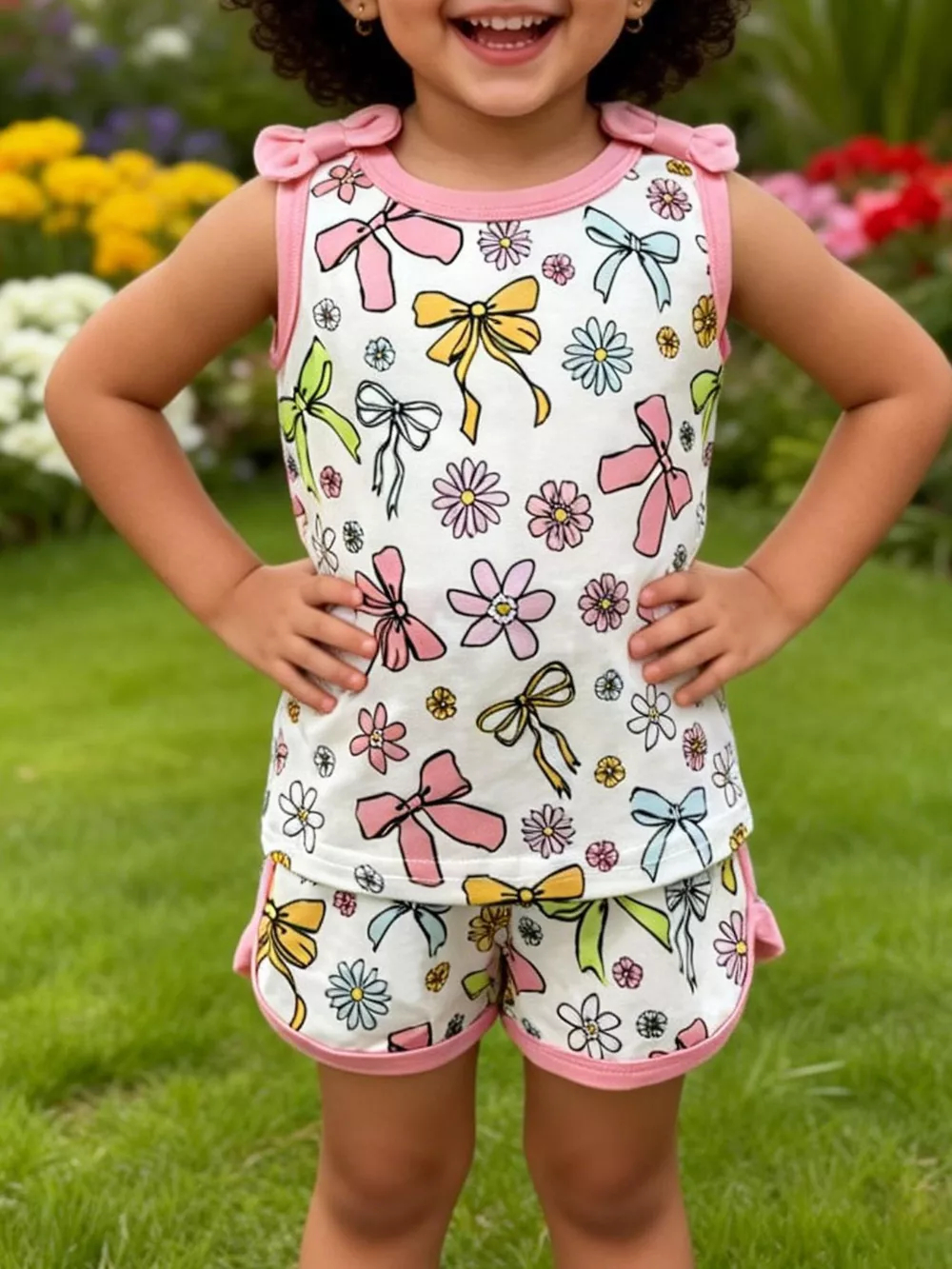 Children's Bowknot & Floral Print Sleeveless Top and Shorts Set