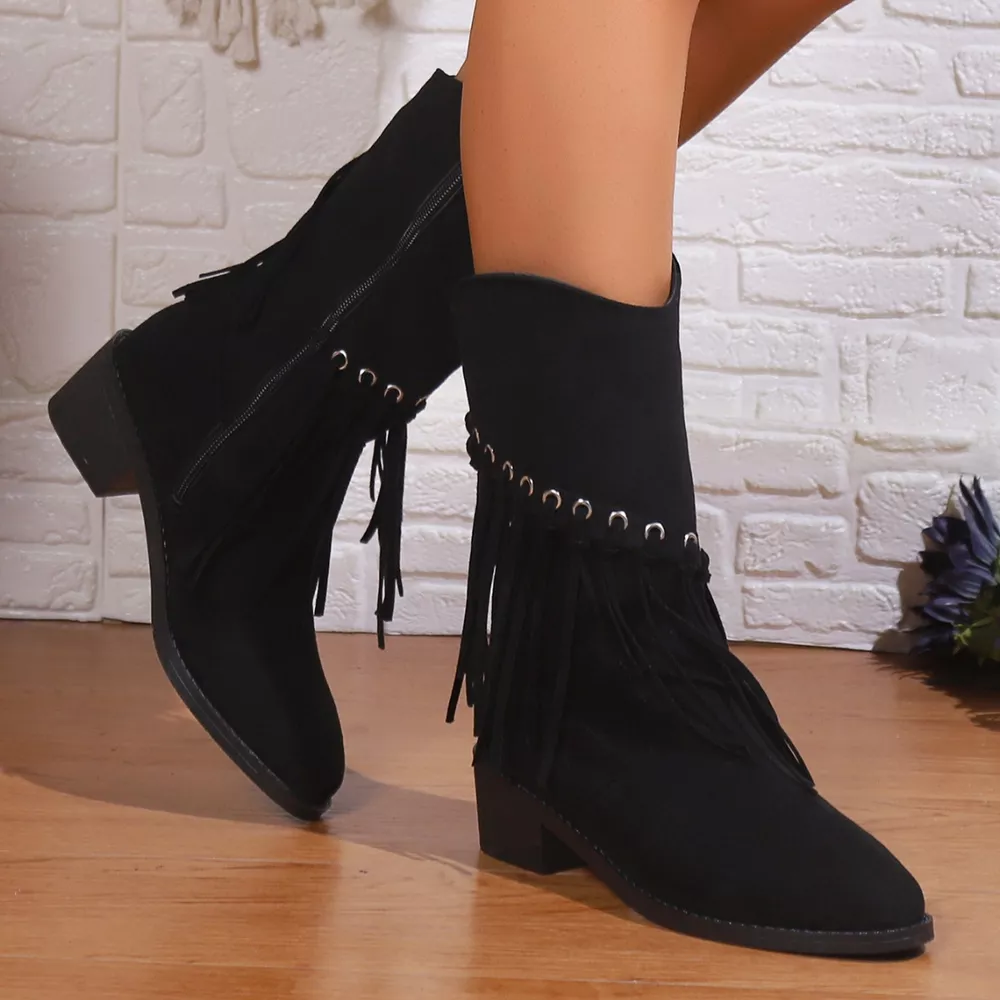 Fringe Western Block Heel Boots, image 7