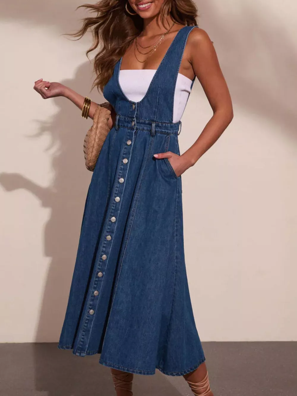 Button Front Denim Overall Midi Dress, image 2