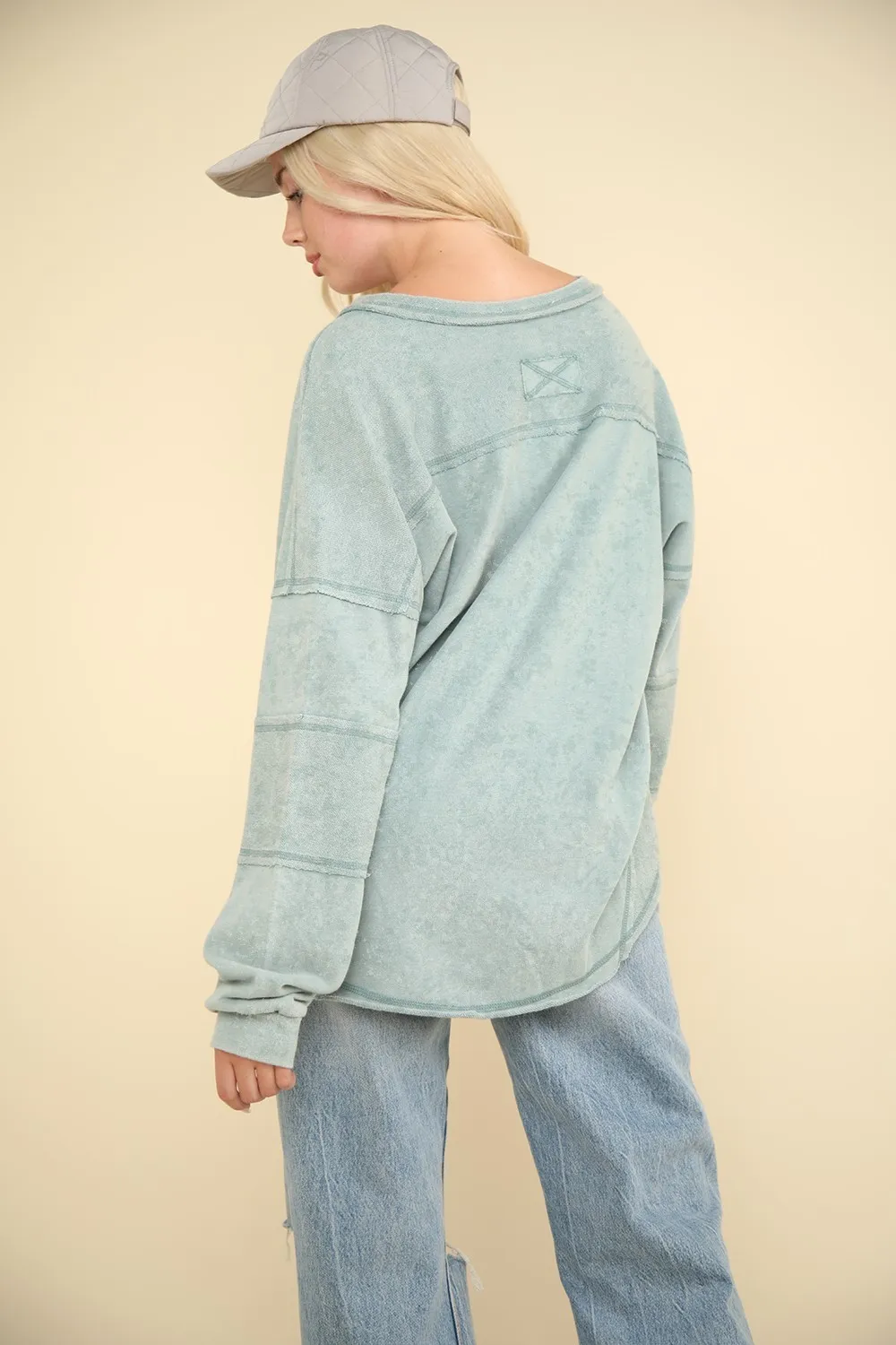 Washed V-Neck Exposed Seam Knit Top, image 2