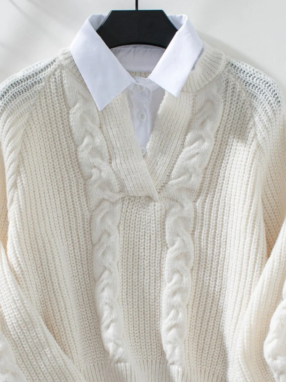Cable-Knit Collared Neck Faux Layered Sweater, image 8