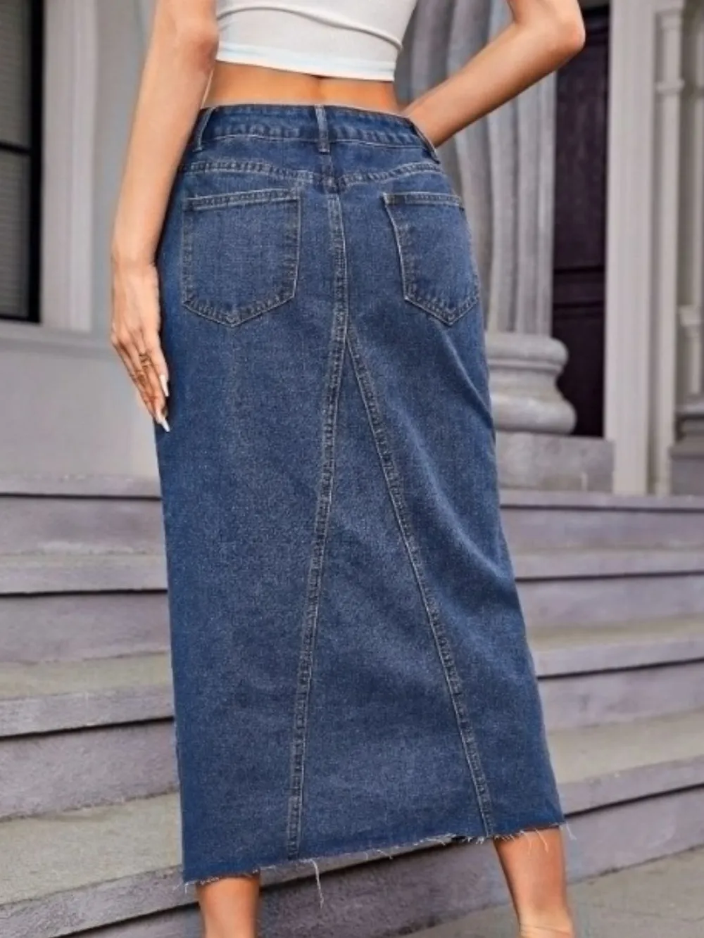 Slit Midi Denim Skirt with Pockets, image 5