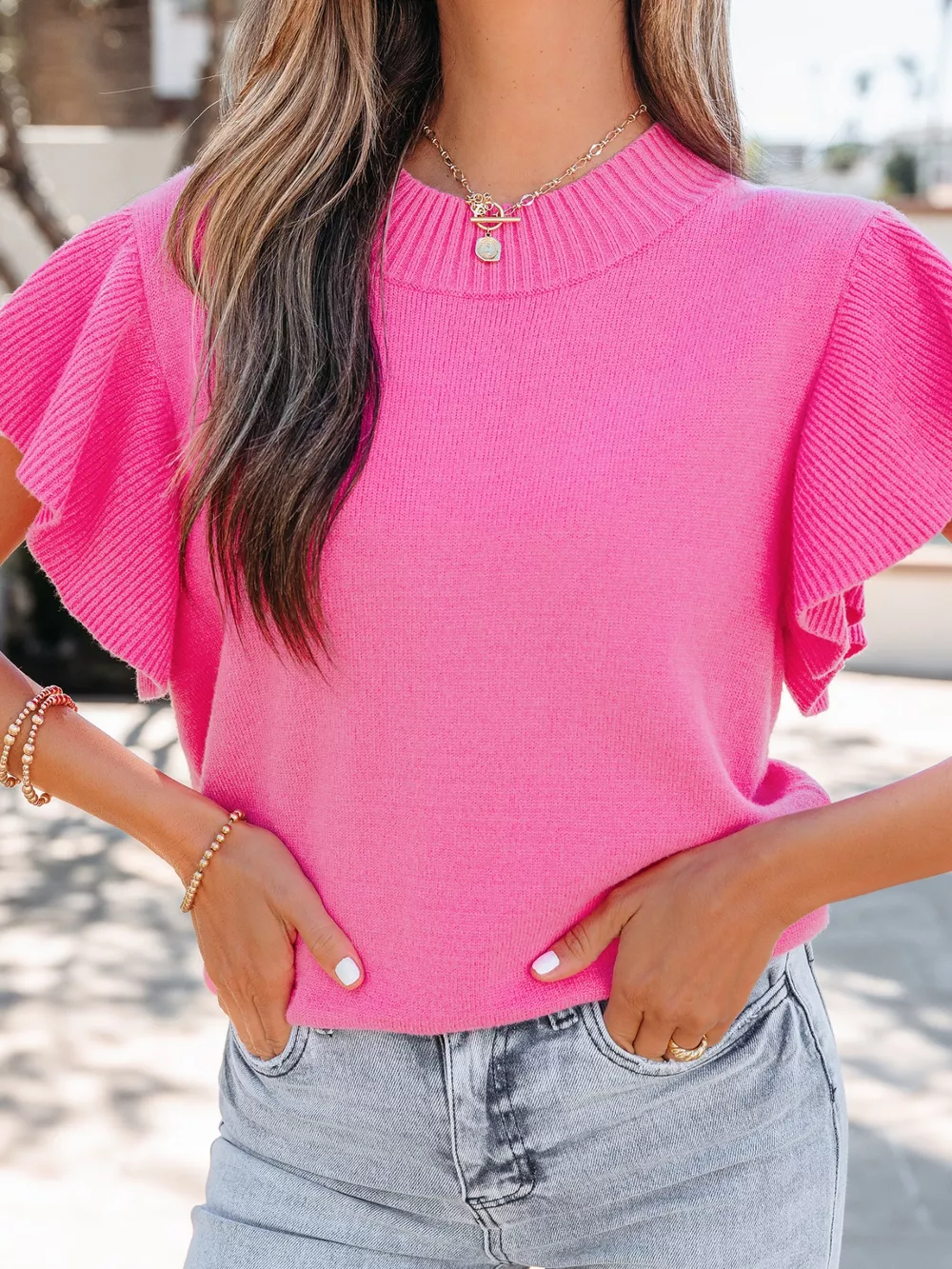 Ruffle Sleeve Round Neck Sweater, image 4