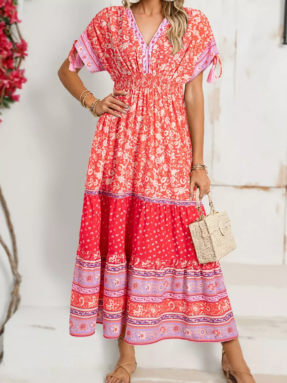 Floral Print Tasseled Tied Sleeve Empire Waist Dress, image 5