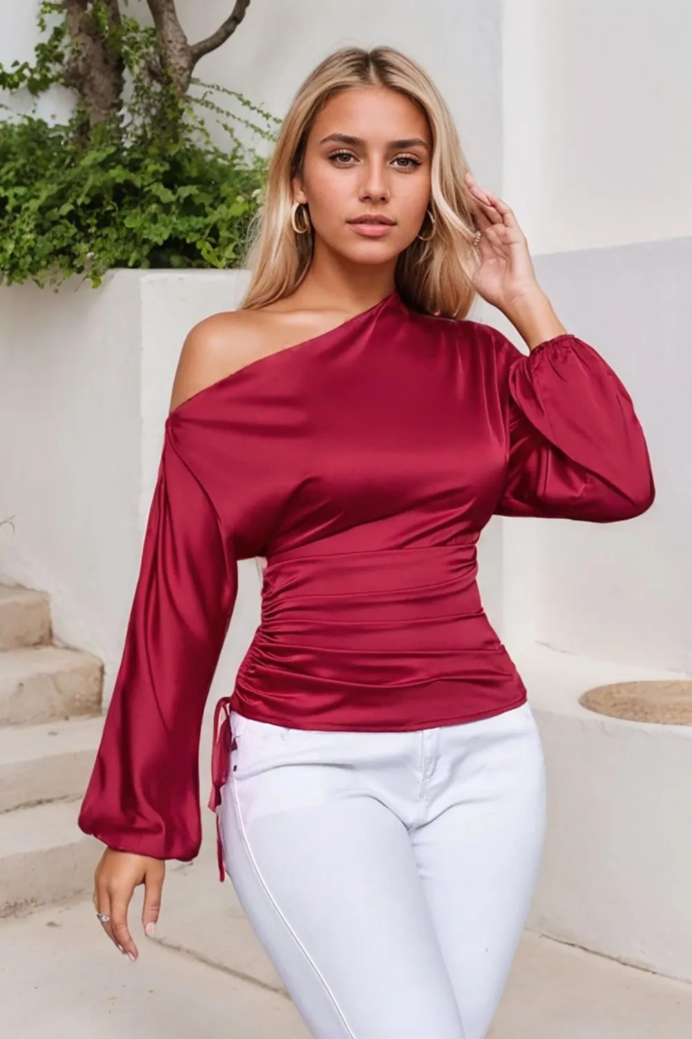 Drawstring One Shoulder Long Sleeve Blouse, image 7
