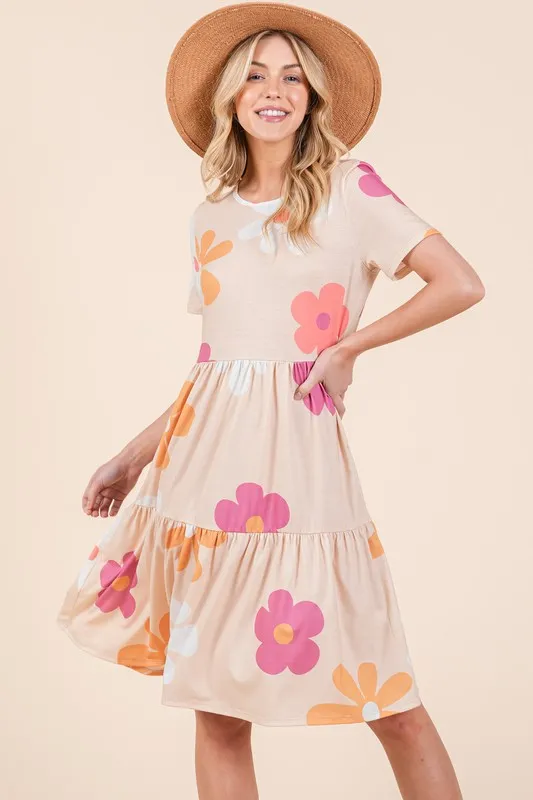 Floral Round Neck Short Sleeve Tiered Dress, image 5