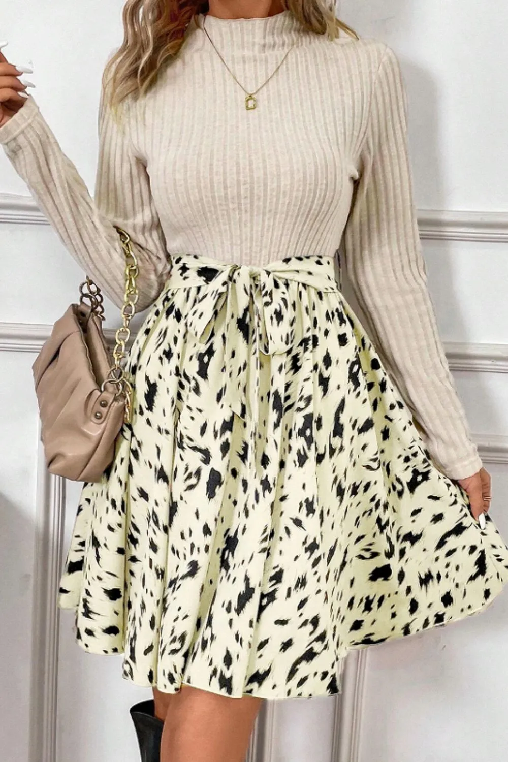Printed Tie Waist Mock Neck Long Sleeve Dress, image 19