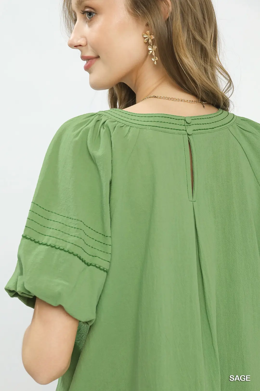 Round Neck Puff Sleeve Top with Contrast Stitch Detail, image 5