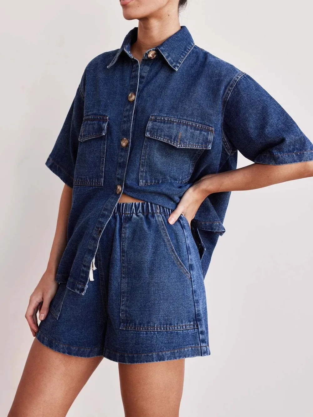 Button Up Short Sleeve Top and Shorts Denim Set, image 11