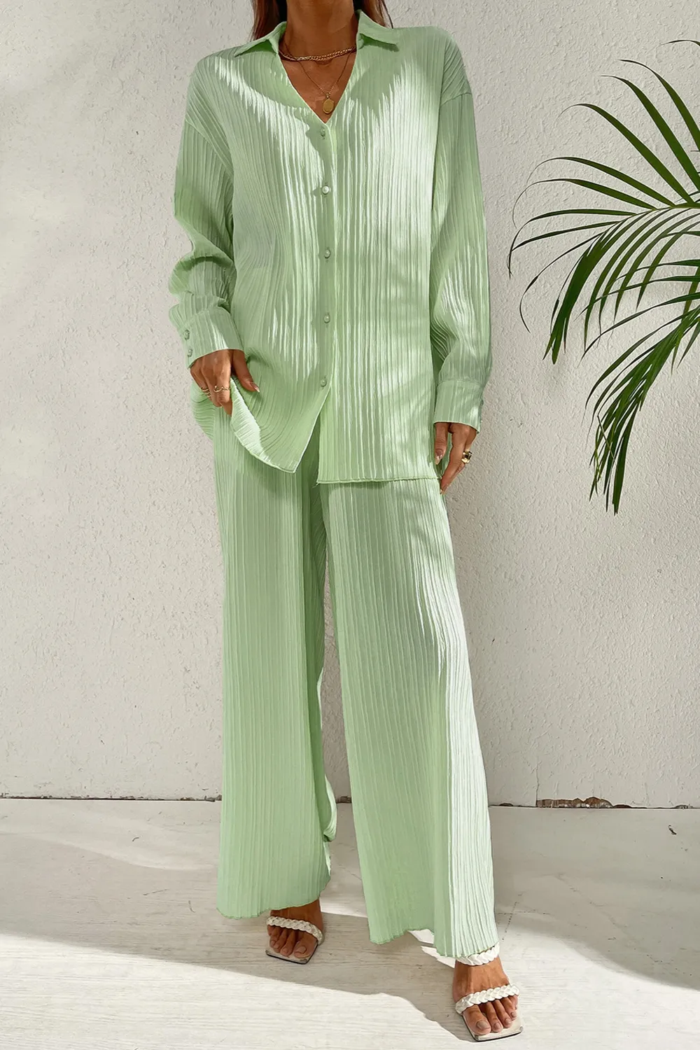 Johnny Collar Button Down Top and Pants Set, image 3