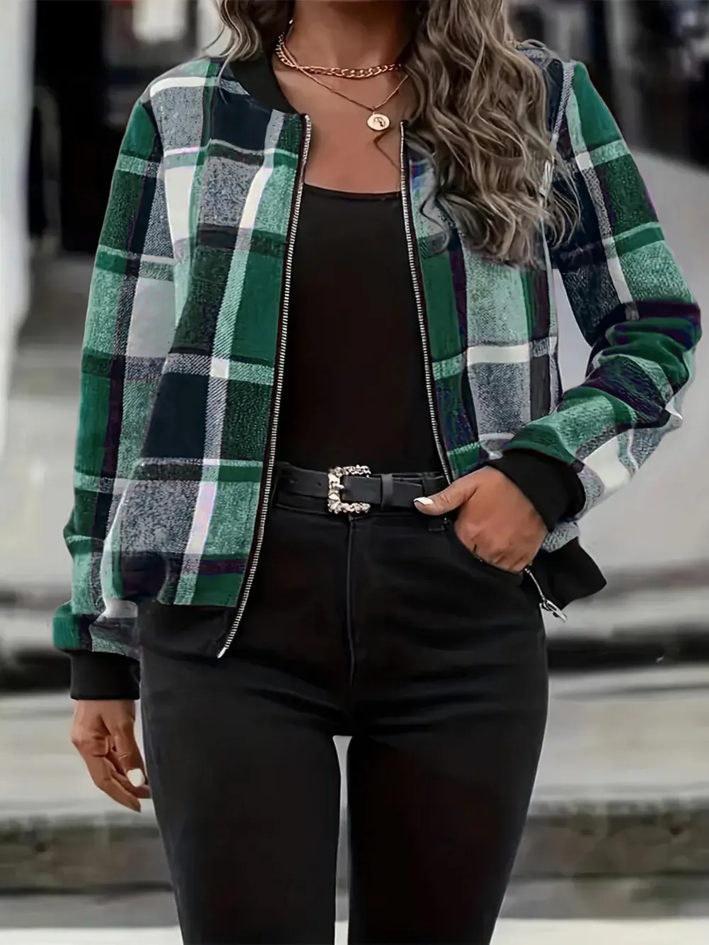 Plus Size Plaid Baseball Collar Zip Up Jacket, image 13