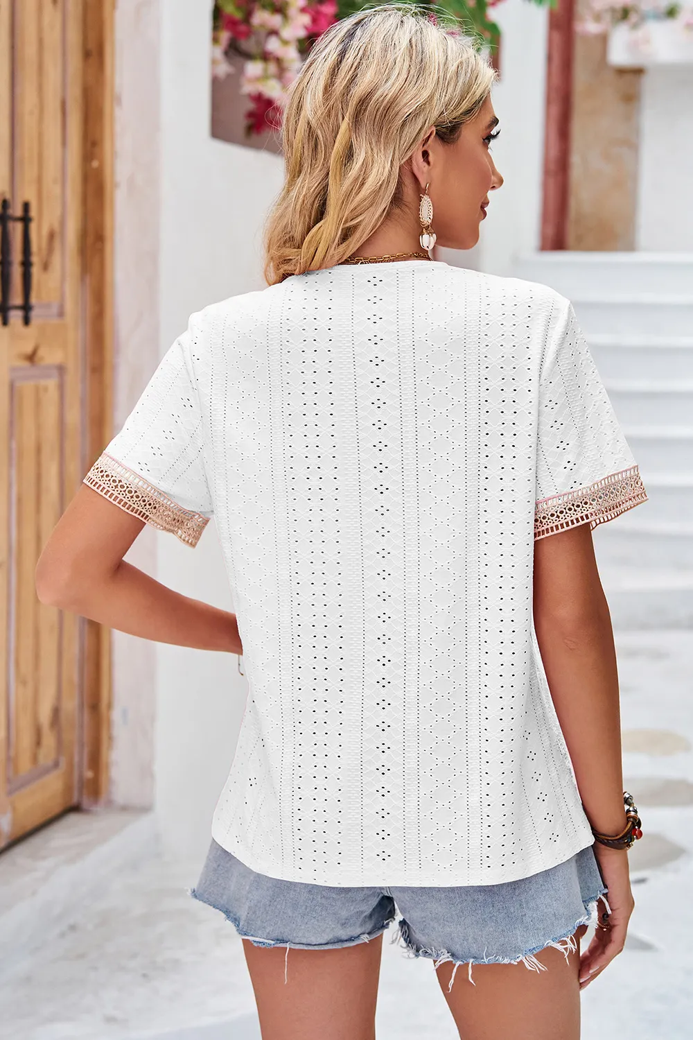 Eyelet V-Neck Short Sleeve T-Shirt, image 7