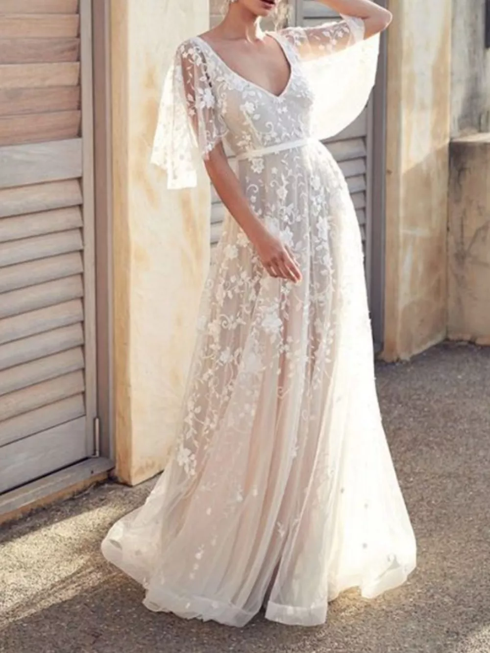 Full Size Lace Flutter Sleeve V-Neck Dress Plus Size, image 4