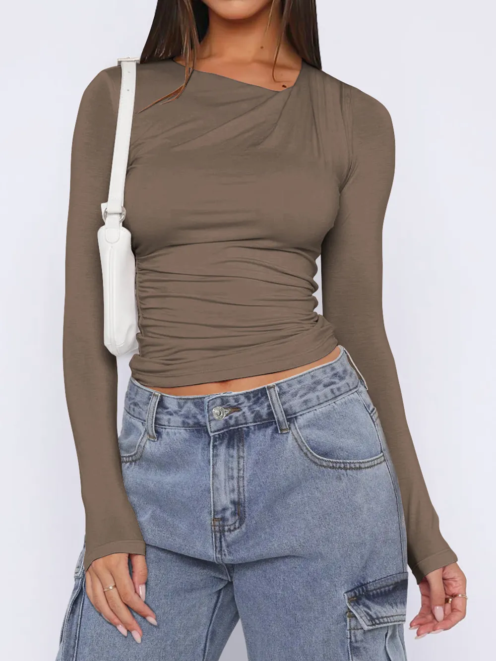 Ruched Asymmetrical Neck Long Sleeve T-Shirt, image 10