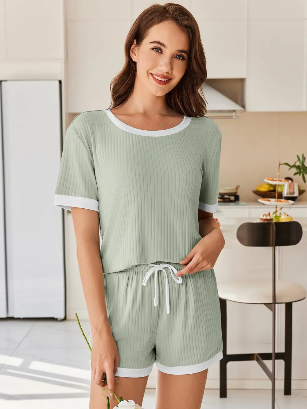 Ribbed Short Sleeve Top and Shorts Set, image 5
