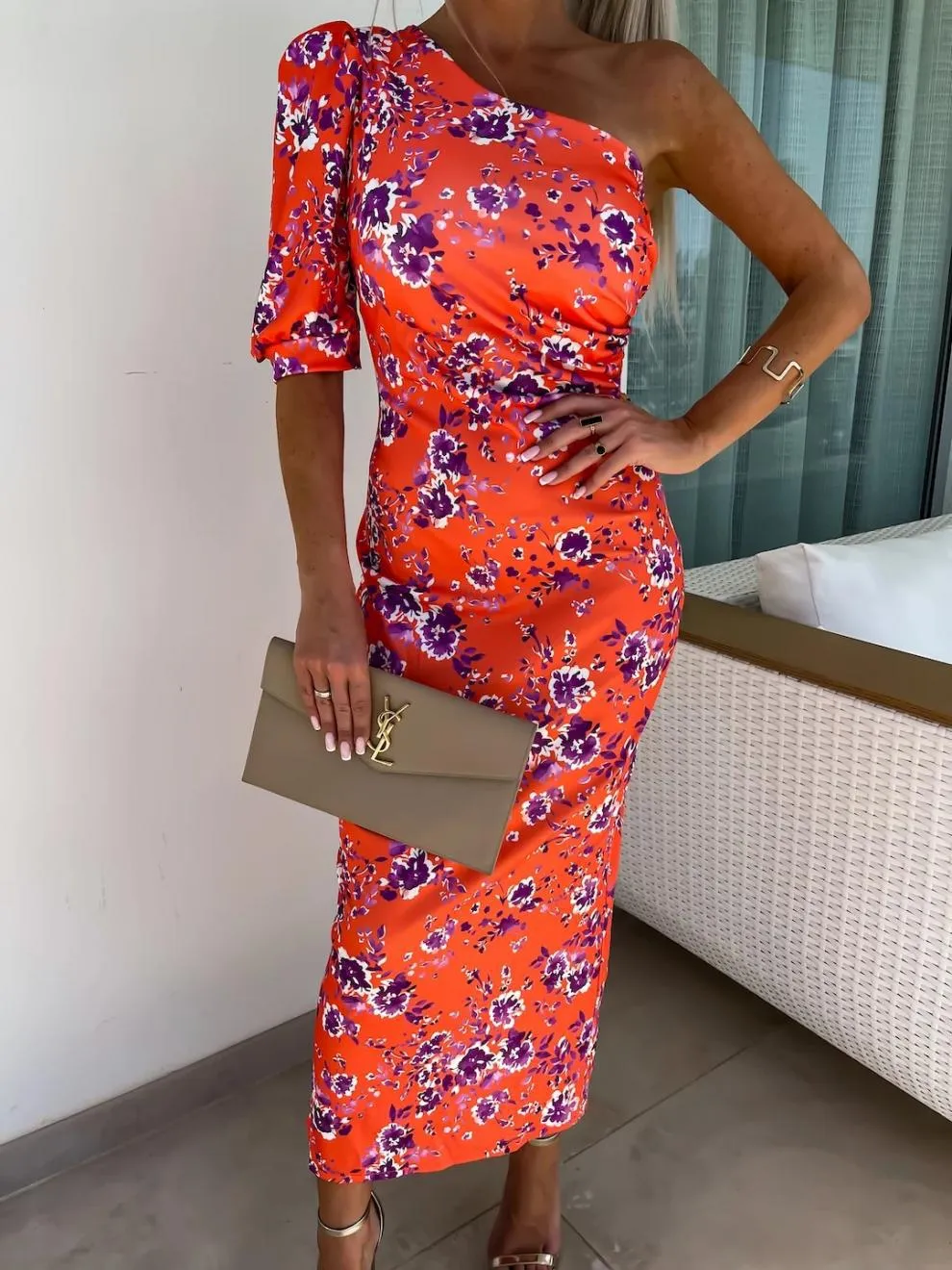 Slit Printed Single Shoulder Midi Dress, image 11
