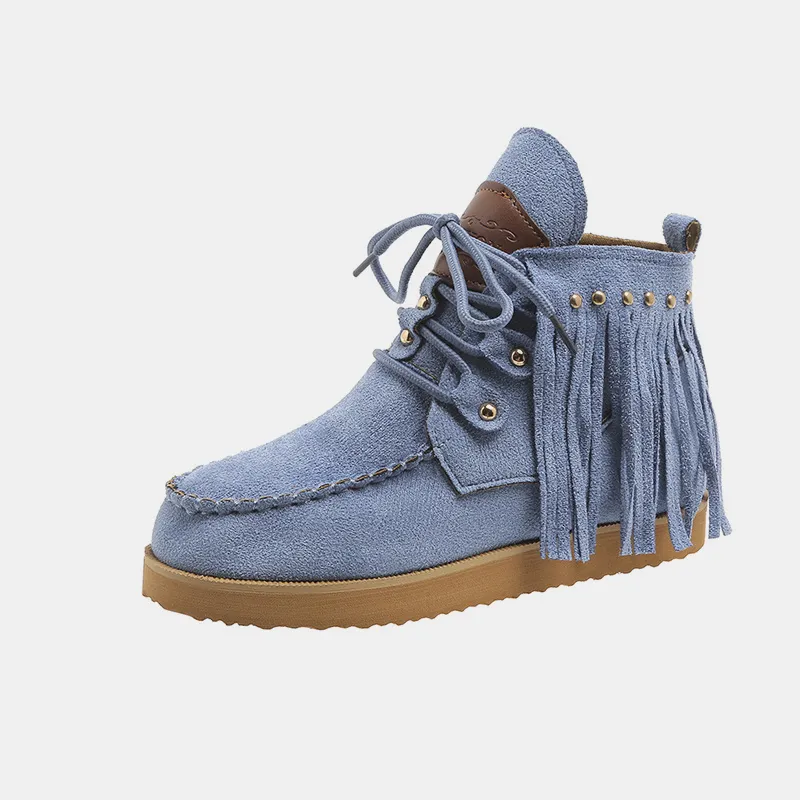 Fringe Studded Round Toe Canvas Boots, image 7