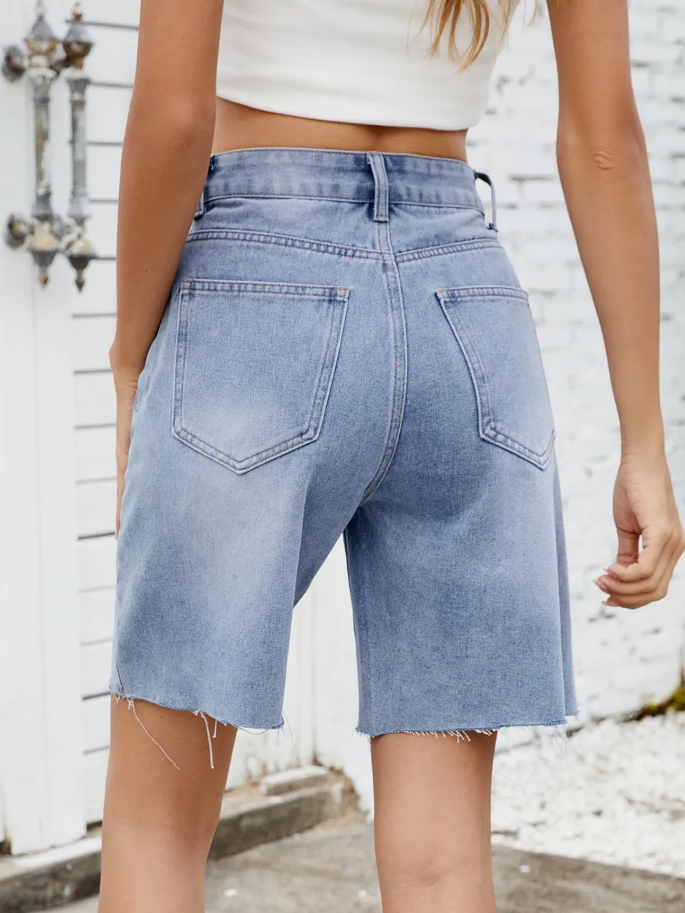 Washed Raw Hem Denim Shorts, image 7