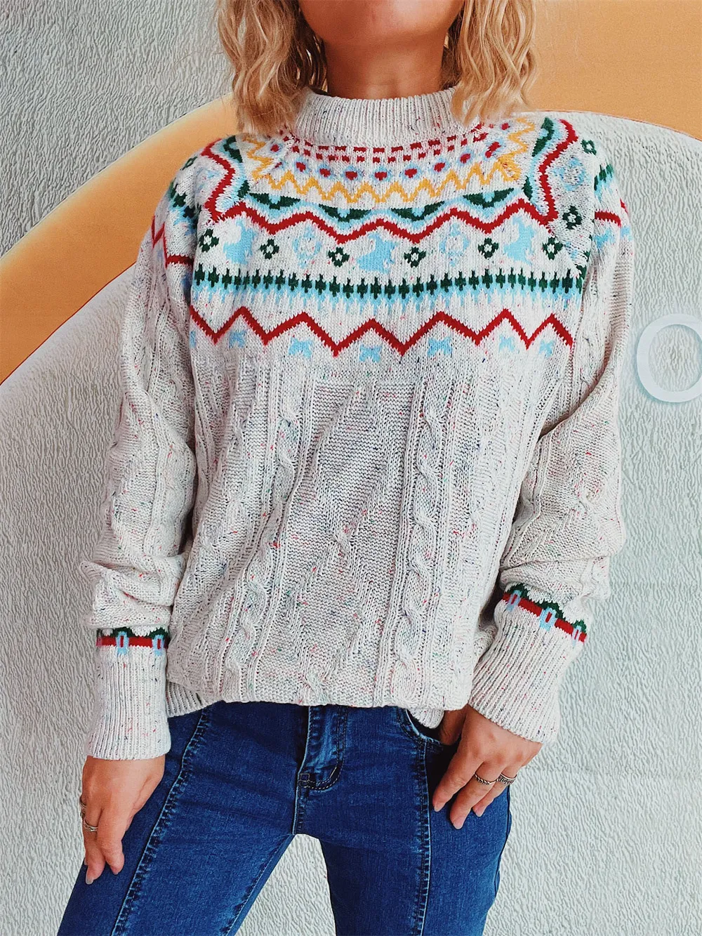 Cable-Knit Mock Neck Long Sleeve Sweater, image 9