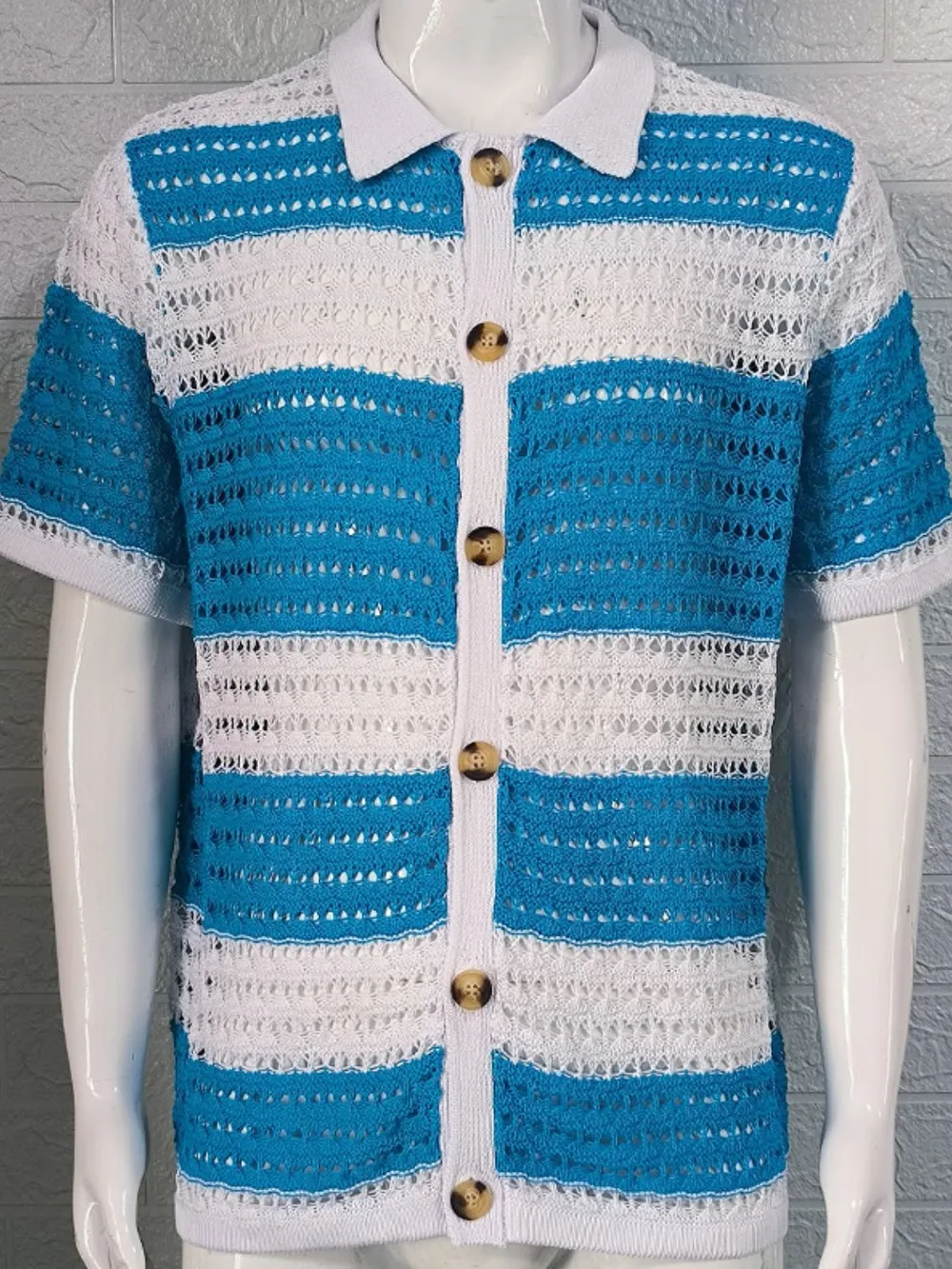 Men's Button Down Collared Neck Contrast Openwork Shirt, image 4