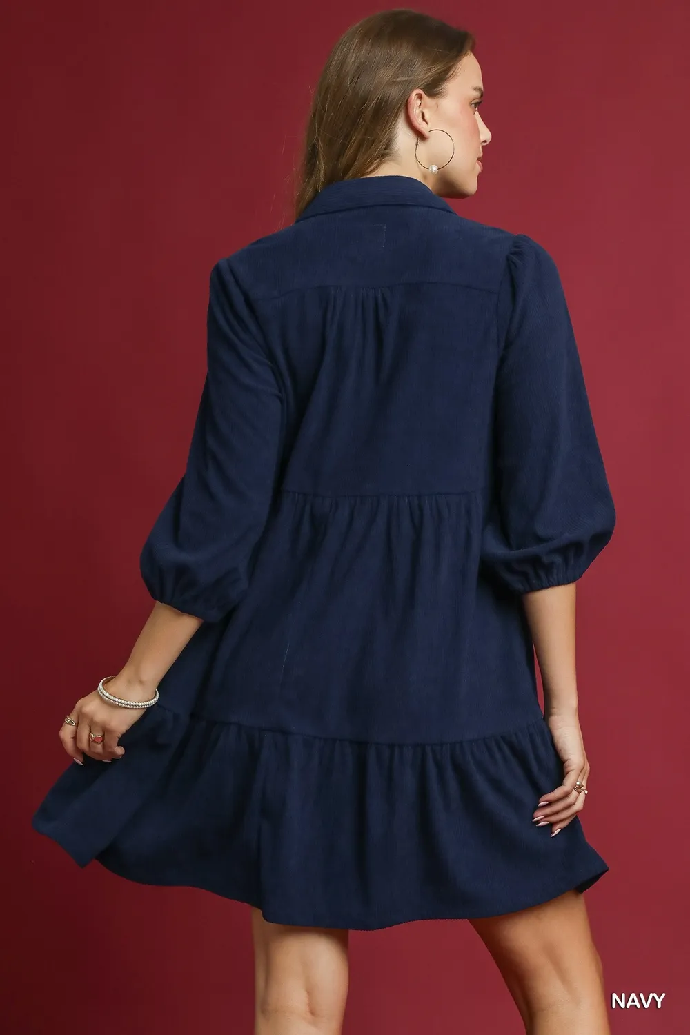 Tiered Corduroy Mini Dress with Balloon Sleeves, image 5