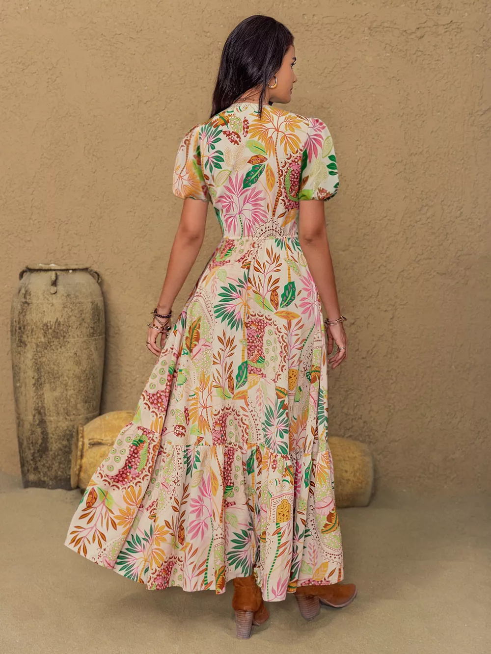 Lace Trim Floral Print Puff Sleeve Dress, image 4