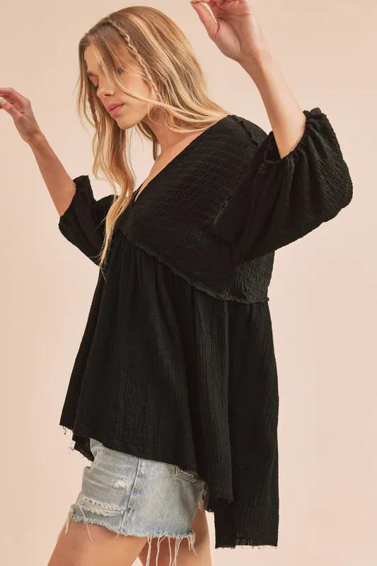 High-Low Frayed Hem V-Neck Blouse, image 3