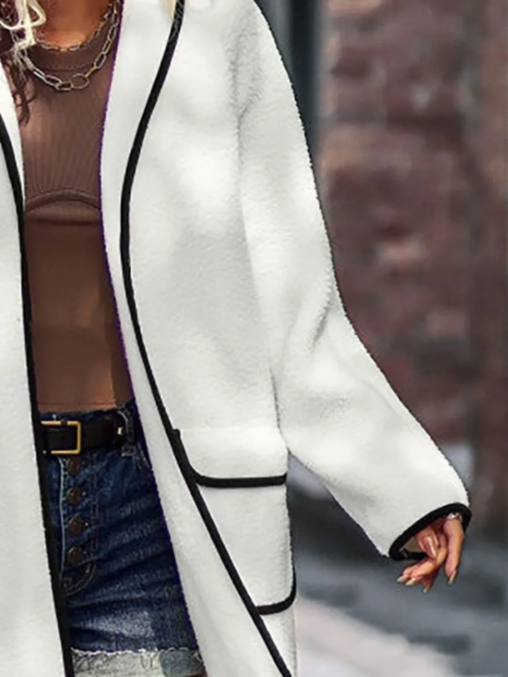 Full Size Contrast Trim Long Sleeve Coat with Pockets, image 12