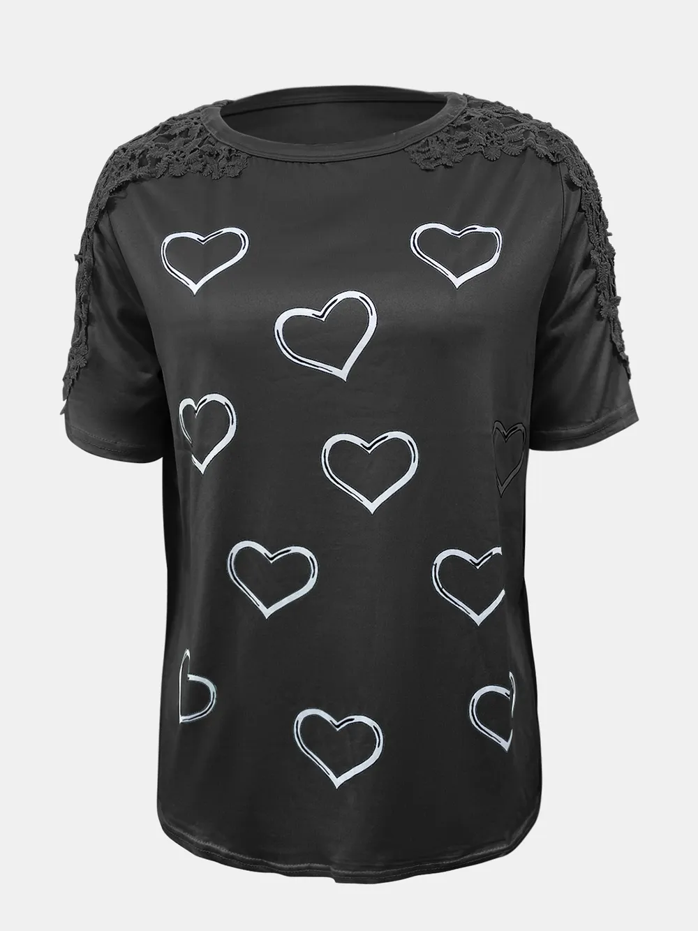 Full Size Lace Detail Heart Round Neck Short Sleeve Top, image 3