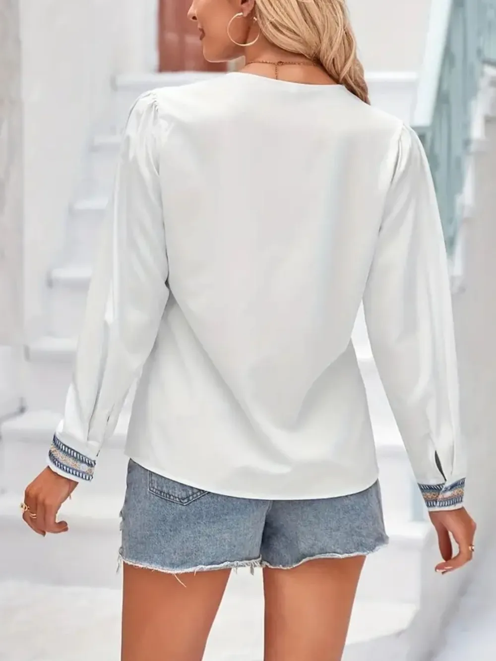 Contrast V-Neck Long Sleeve Blouse, image 7