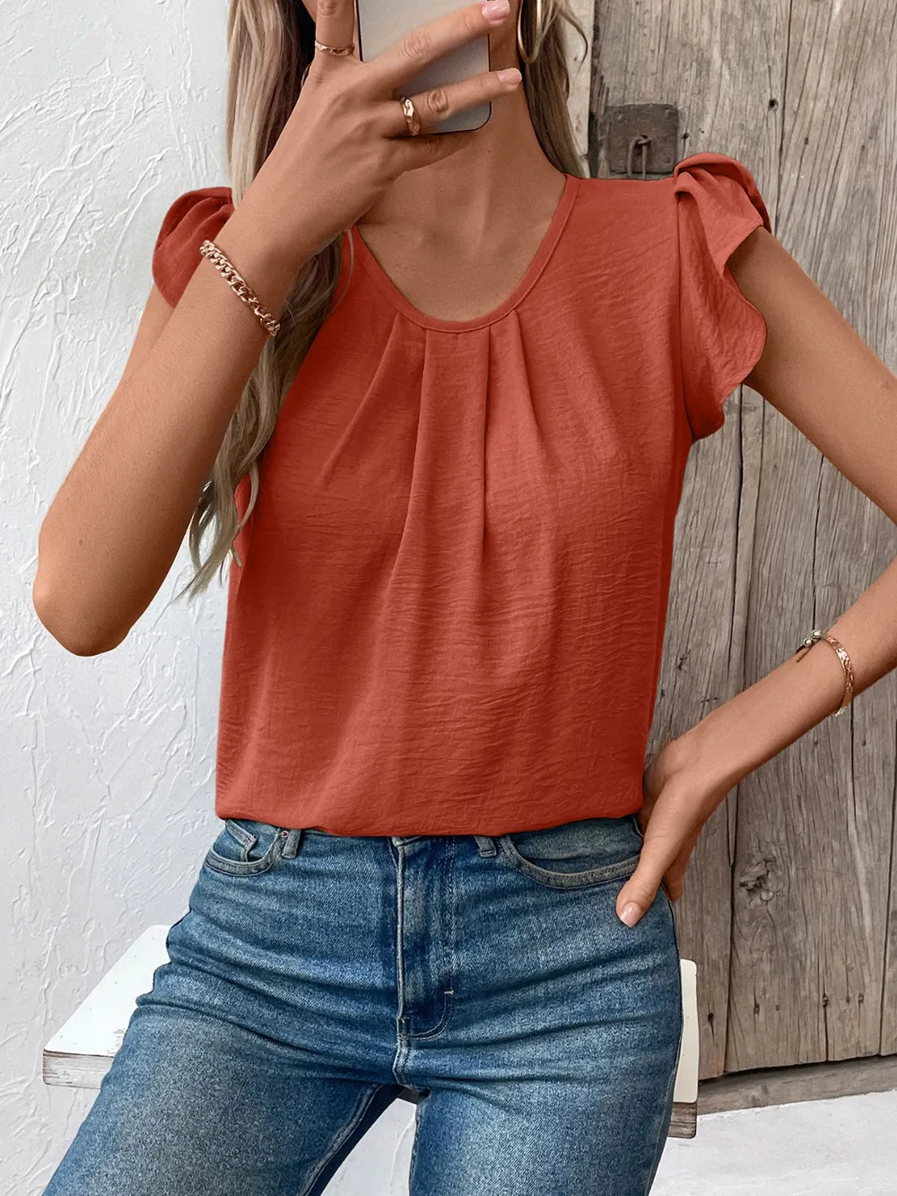 Ruched Round Neck Cap Sleeve Blouse, image 13