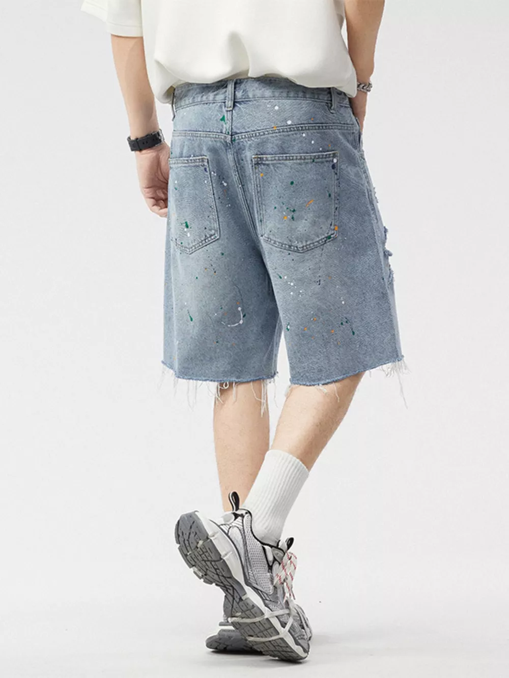 Men's Distressed Paint Splatter Denim Shorts, image 8