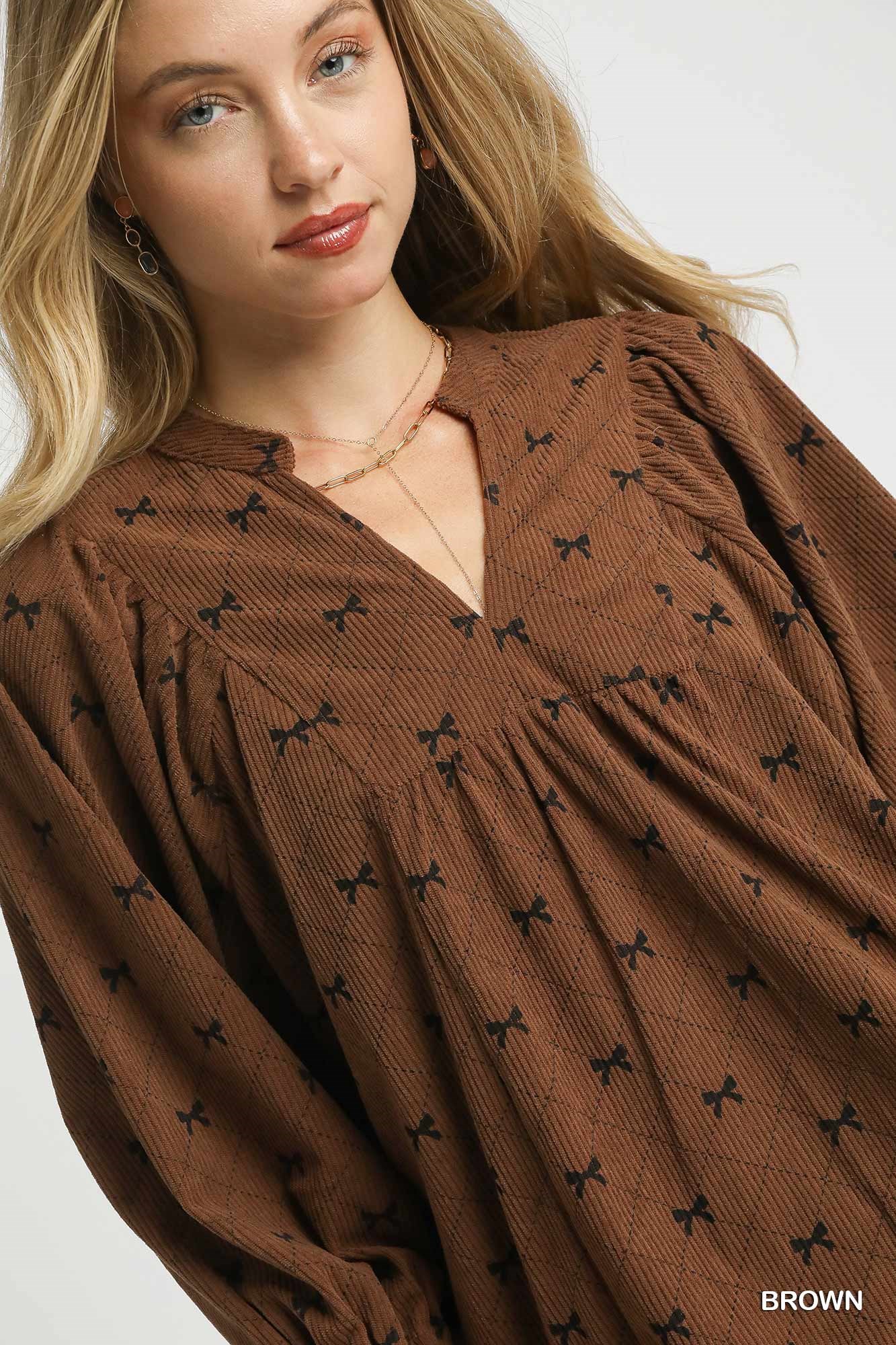 Corduroy Bow Print Balloon Sleeve Blouse, image 5