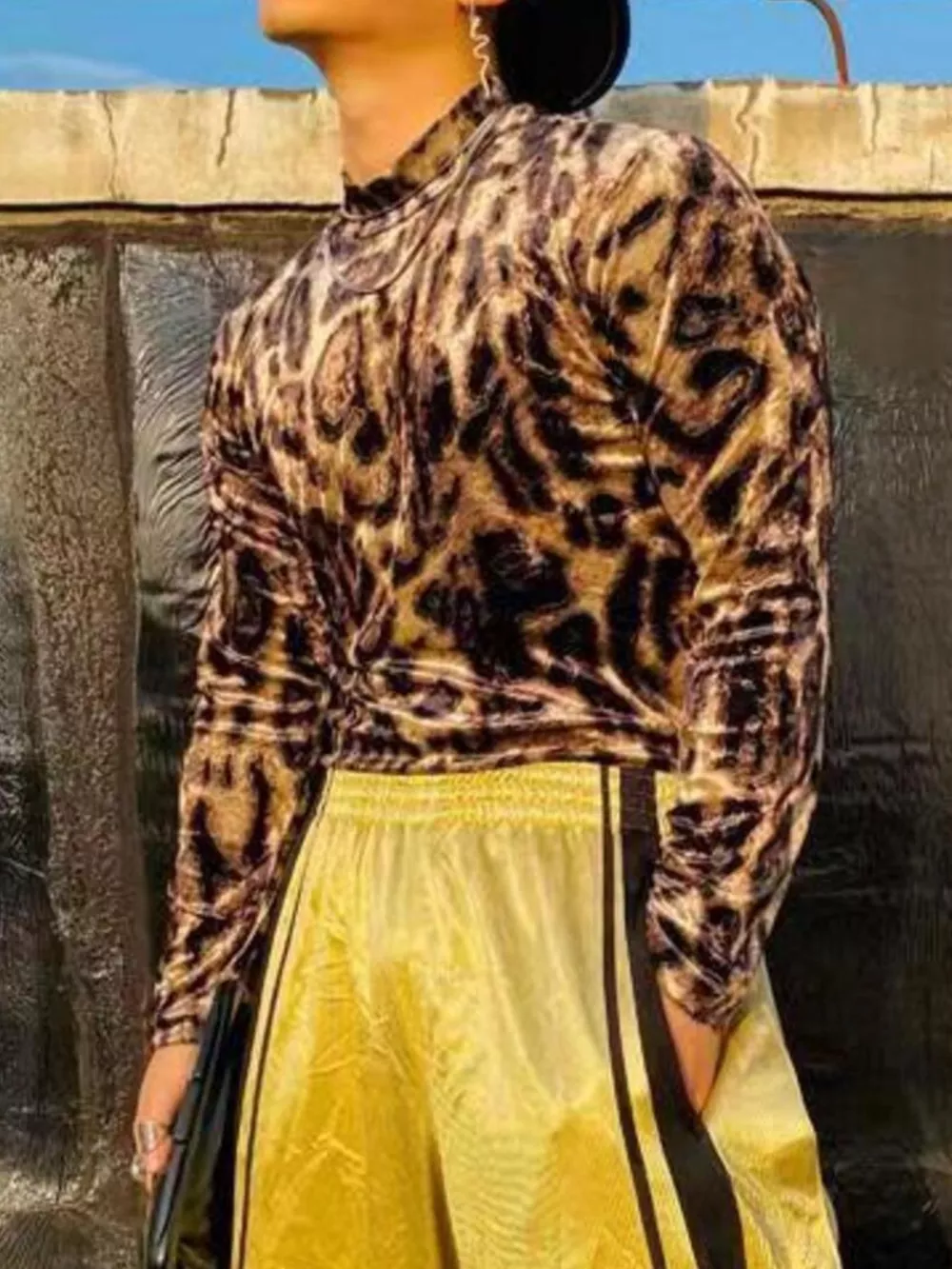 Men's Full Size Leopard Velvet Mock Neck Long Sleeve T-Shirt Plus Size, image 2
