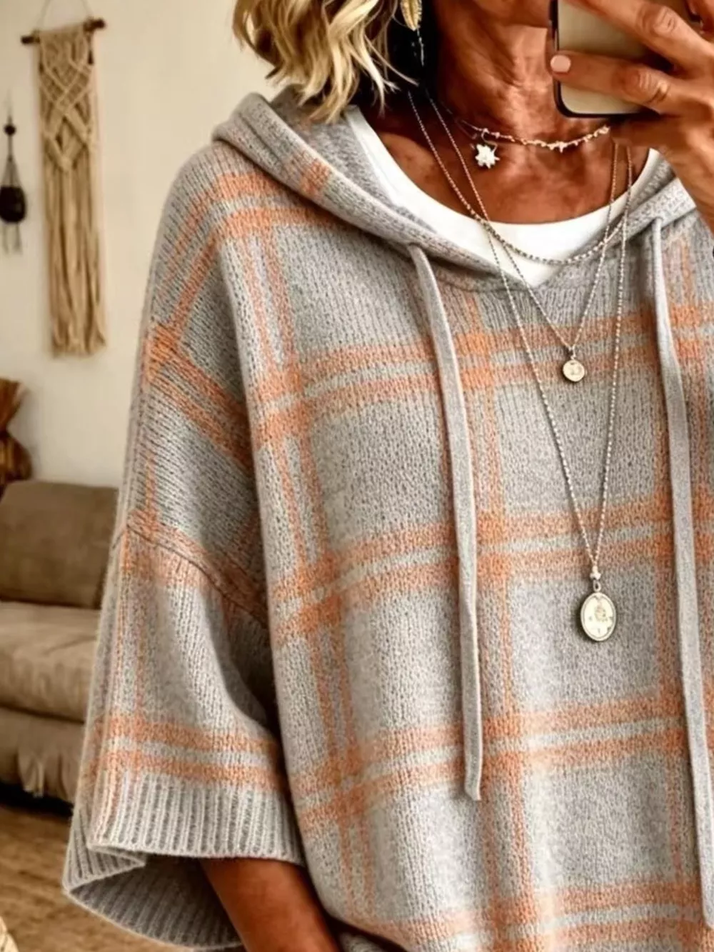 Plaid Hooded Knit Sweater, image 18