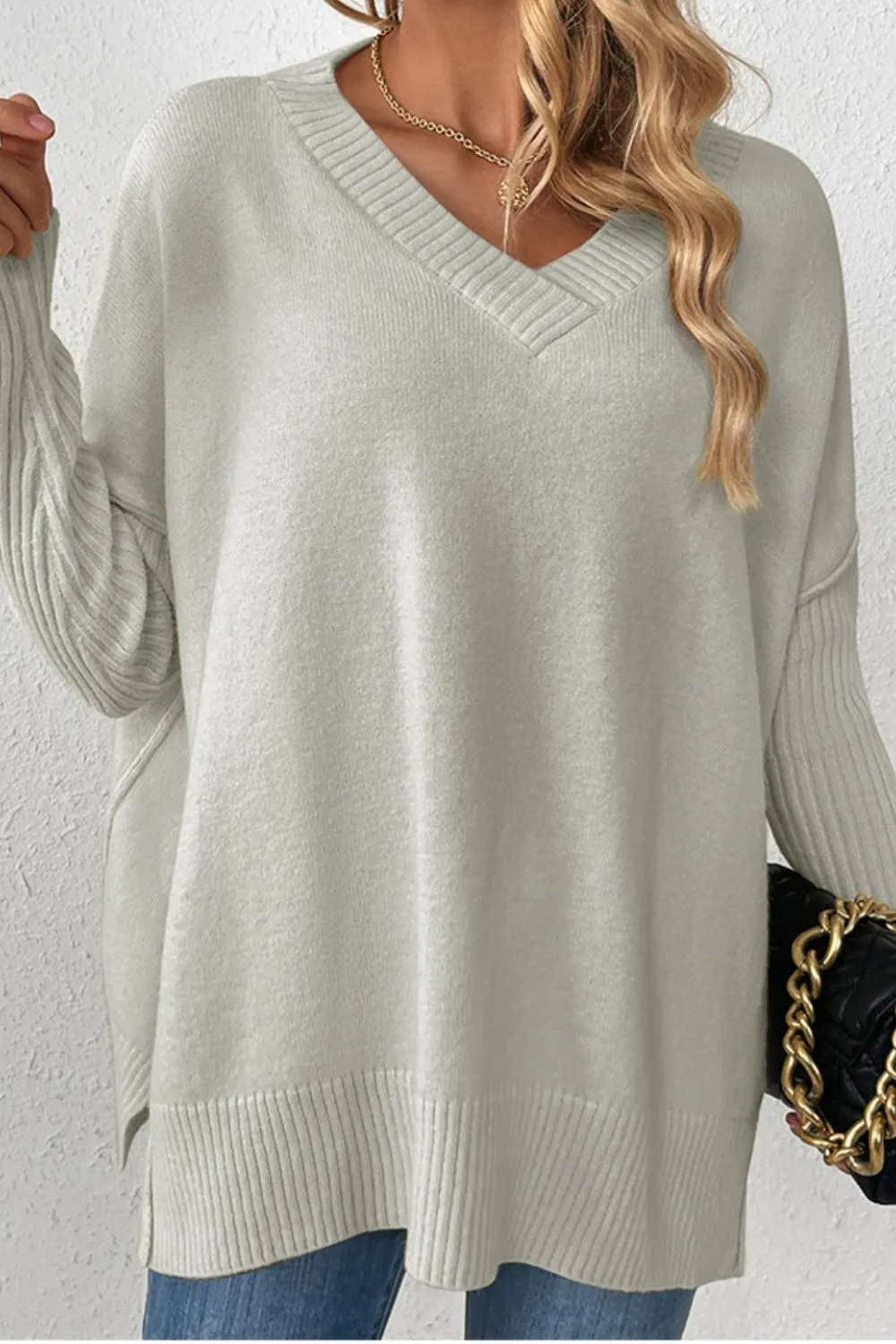Slit V-Neck Dropped Shoulder Sweater, image 7