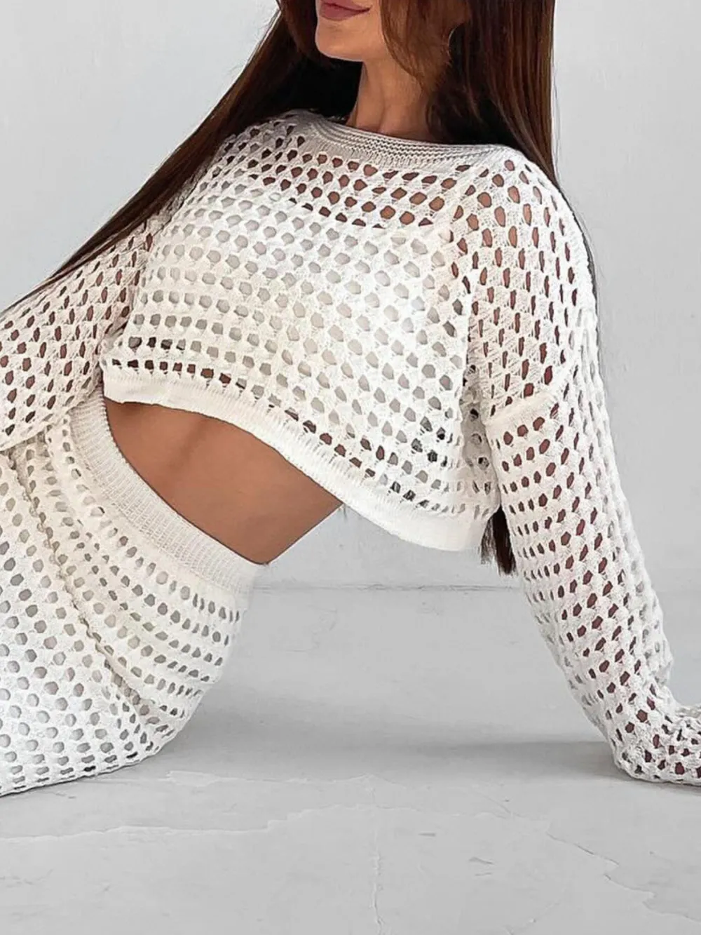 Hollow Out Long Sleeve Top and Skirt Knit Set, image 7