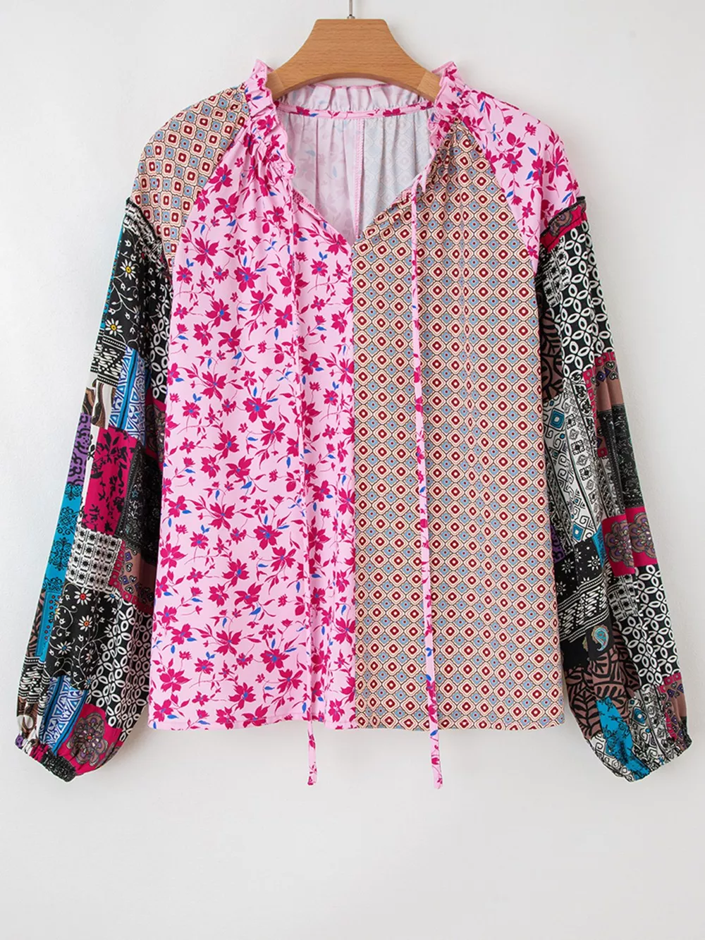 Boho Mixed Floral Drop Shoulder Bubble Sleeve Blouse, image 7