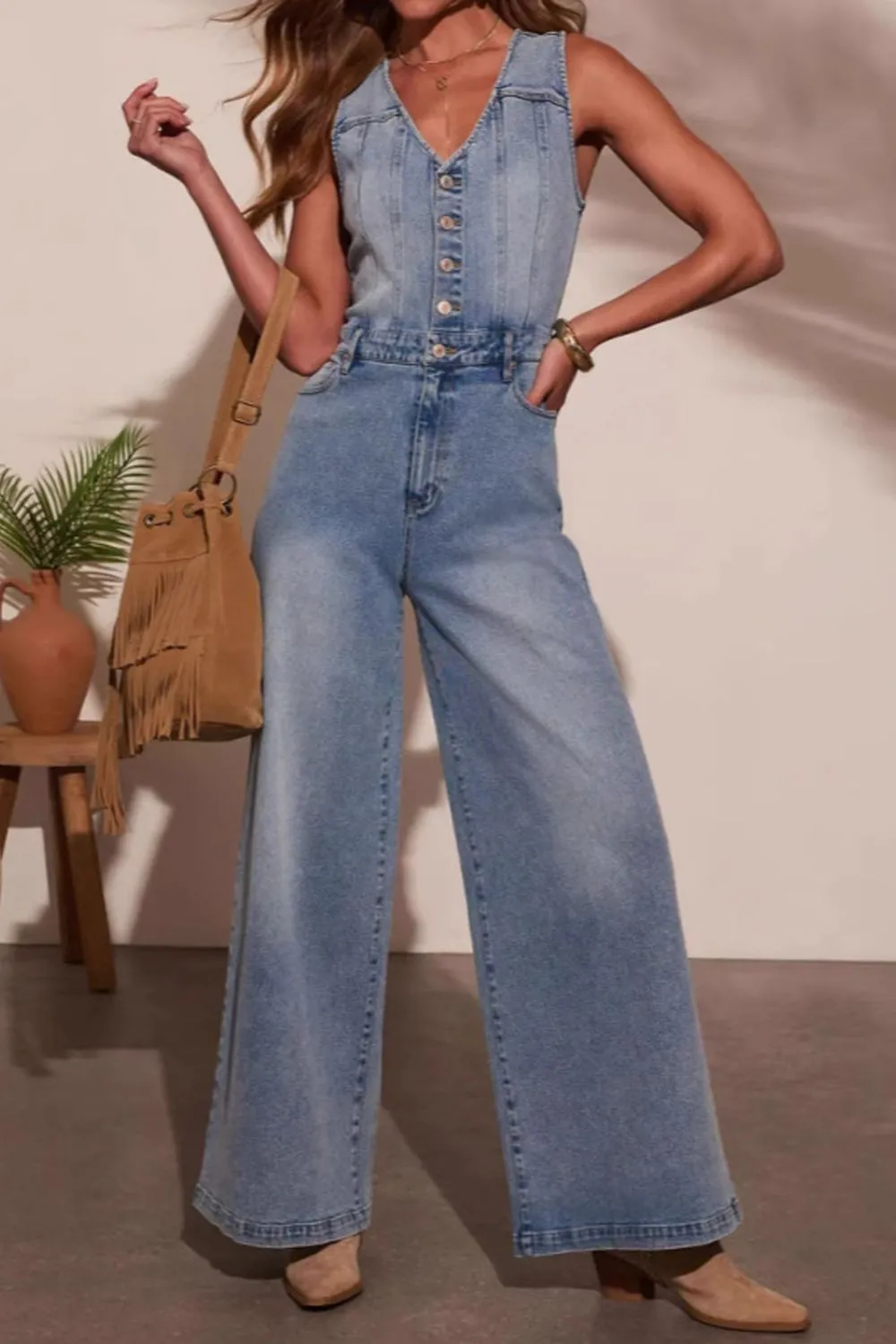 V-neck Wide Leg Denim Jumpsuit, image 5